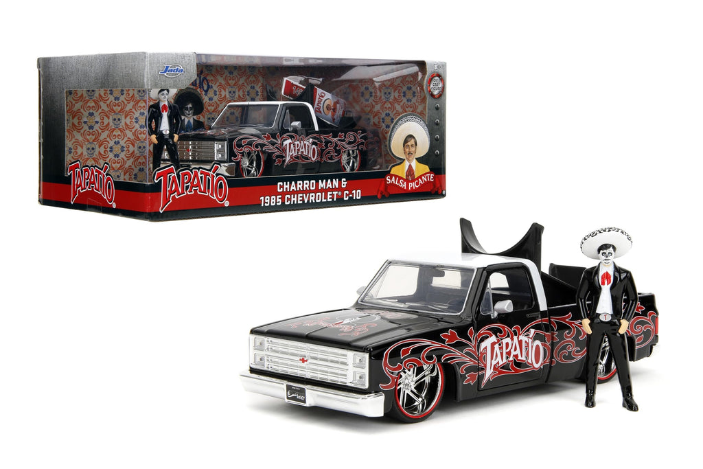 Jada Toys Hollywood Rides 1:24 Scale Die-Cast 1985 Chevy C10 with Tapatio Man Figure – Opening Doors, Detailed Interior, Rubber Tires – Day of The Dead Theme – Collectible for Ages 8+