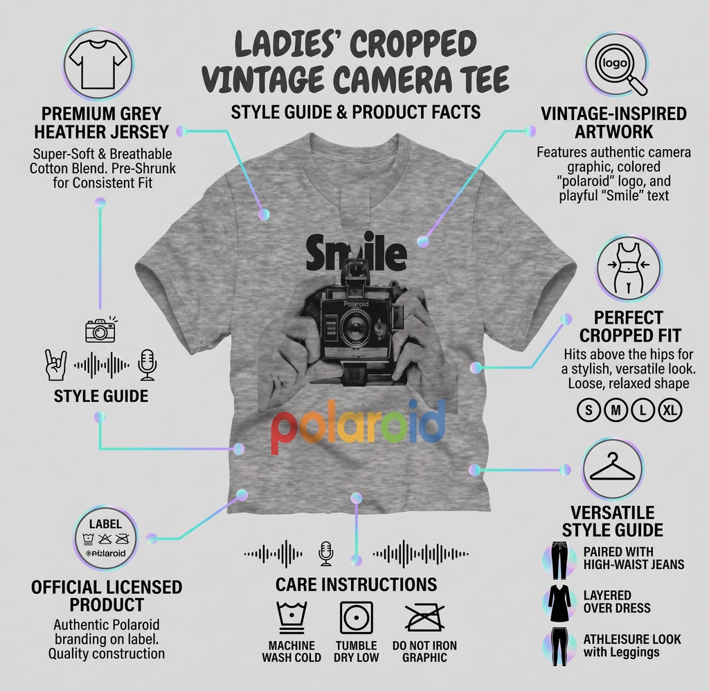 Polaroid Juniors Short Sleeve Cropped T-Shirt – Retro "Smile" Camera Crop Tee – Grey