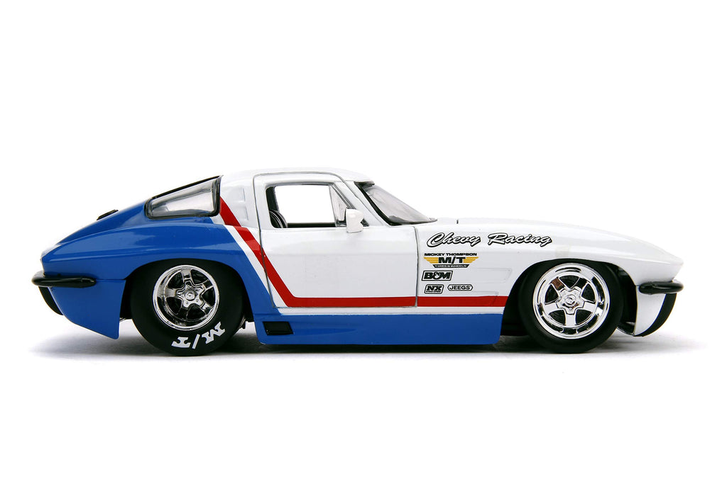 Jada 1963 Chevrolet Corvette Stingray White and Blue with Red Stripe Chevy Racing Bigtime Muscle 1/24 Diecast Model Car