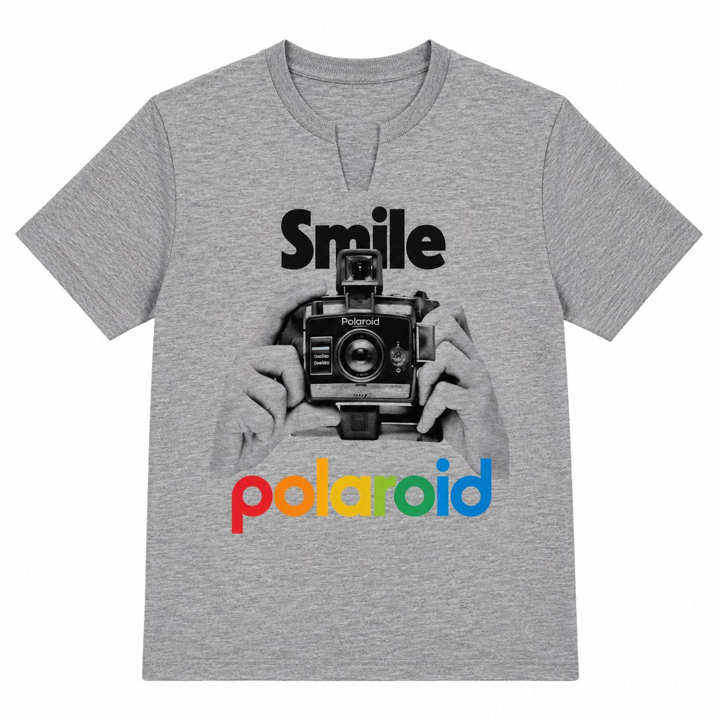 Polaroid Juniors Short Sleeve Cropped T-Shirt – Retro "Smile" Camera Crop Tee – Grey