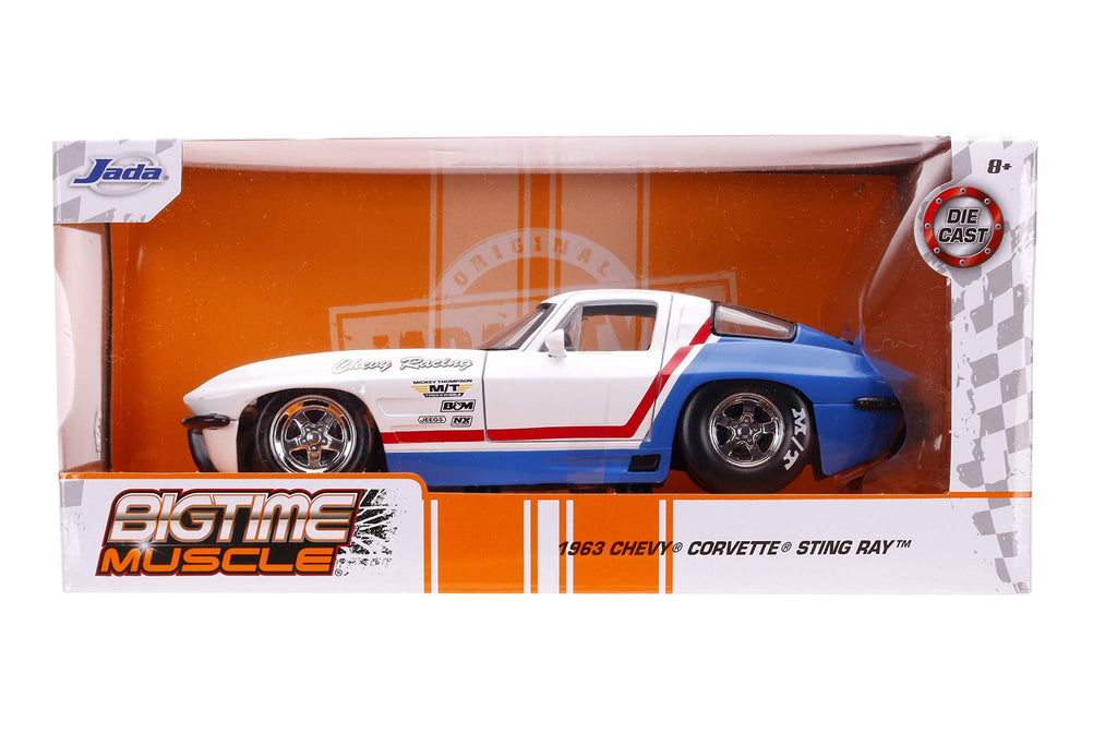 Jada 1963 Chevrolet Corvette Stingray White and Blue with Red Stripe Chevy Racing Bigtime Muscle 1/24 Diecast Model Car