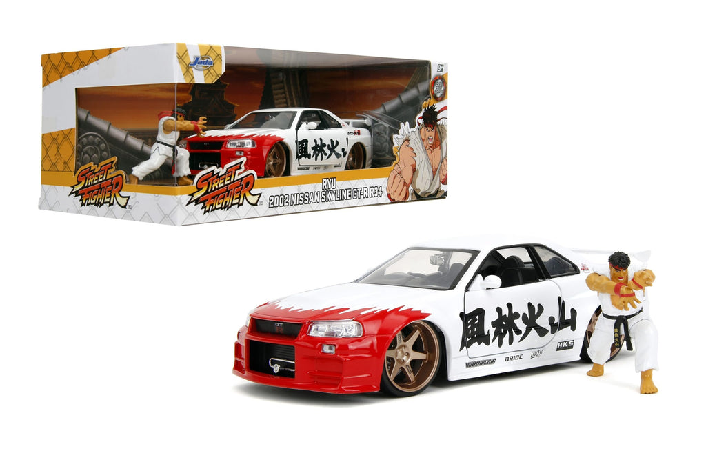 Jada Street Fighter 2002 Nissan Skyline GTR with Ryu Figure – 1:24 Scale Die-Cast, Opening Doors, Hood, Trunk, Rubber Tires – Collectible for Adults and Kids – Capcom Licensed