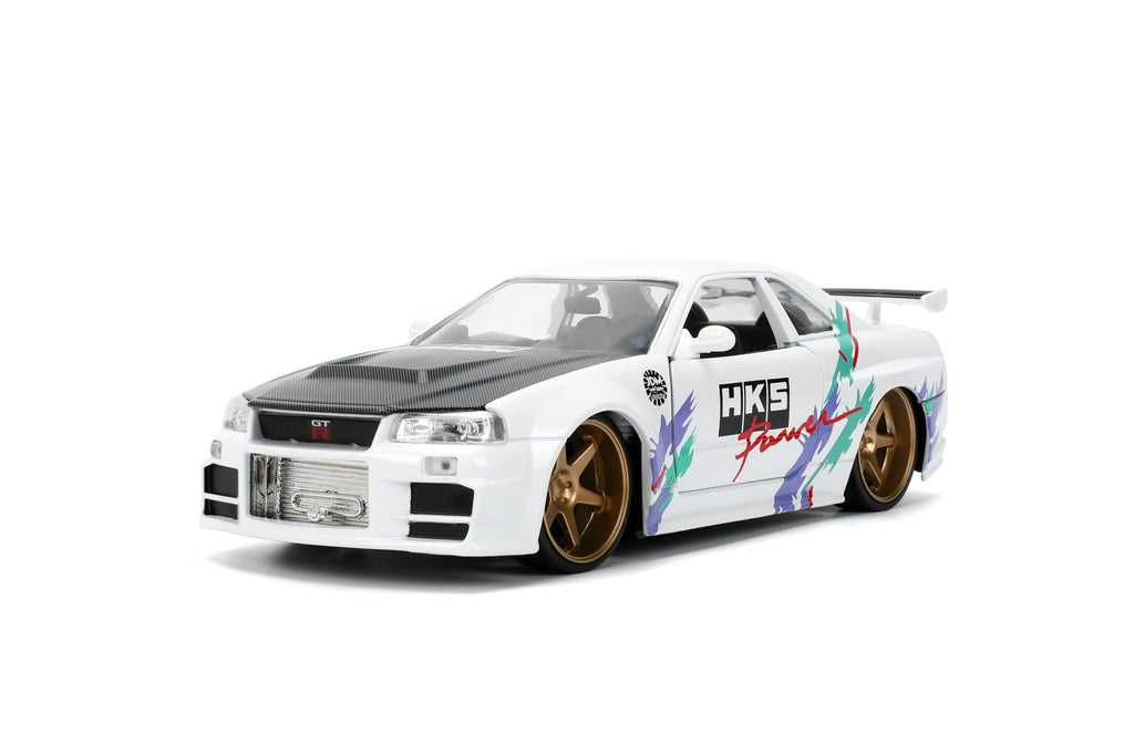 Jada Toys JDM Tuners 1:24 Die-Cast 2002 Nissan Skyline GT-R (R34), Opening Doors, Detailed Interior, Rubber Tires, Collectible for Ages 8+(Glossy White)