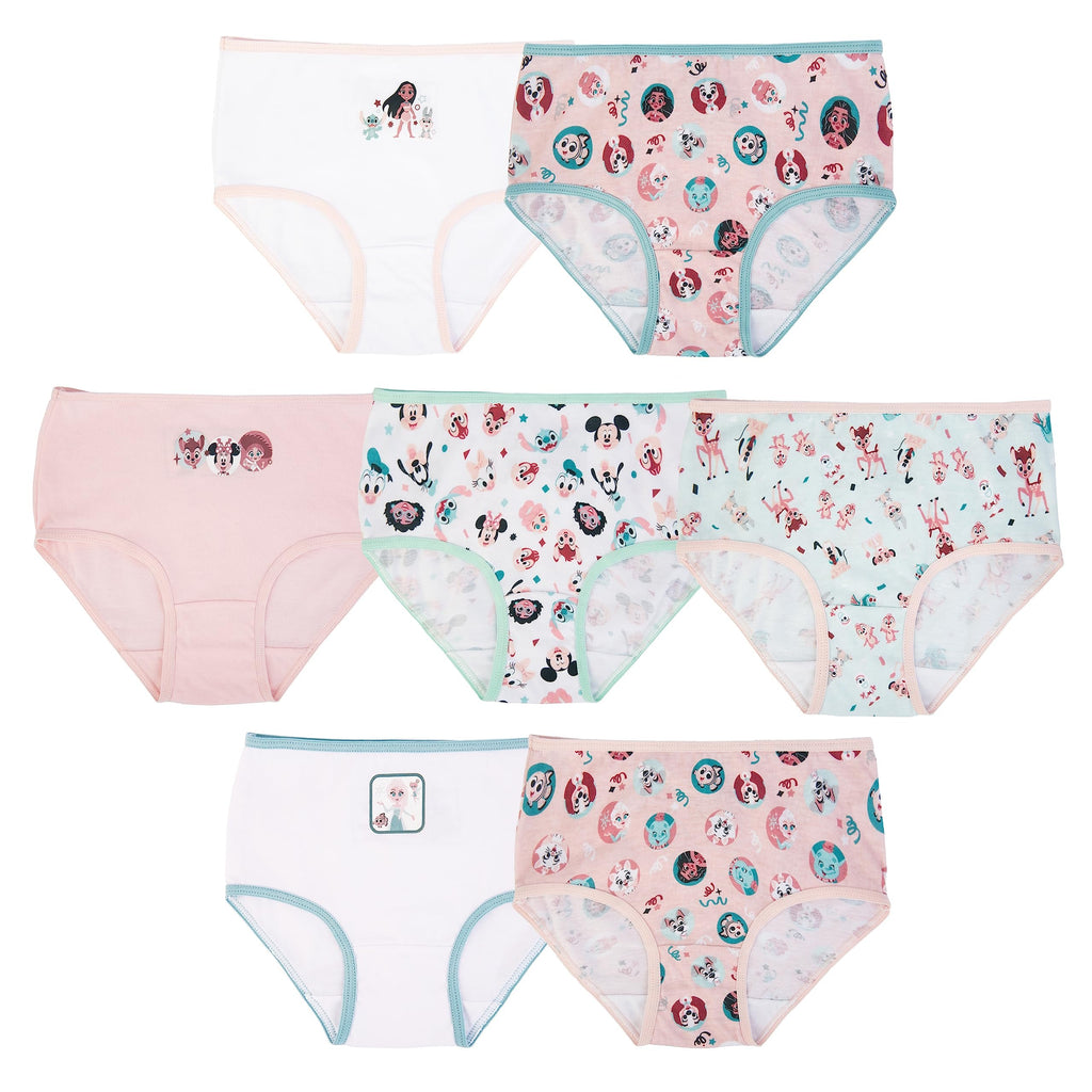Disney Girls' Anniversary 100% Cotton 7pk Panties with Bambi, Pocahontas, Chipmunks, Elsa & More Sizes 2/3t, 4t, 4, 6, 8
