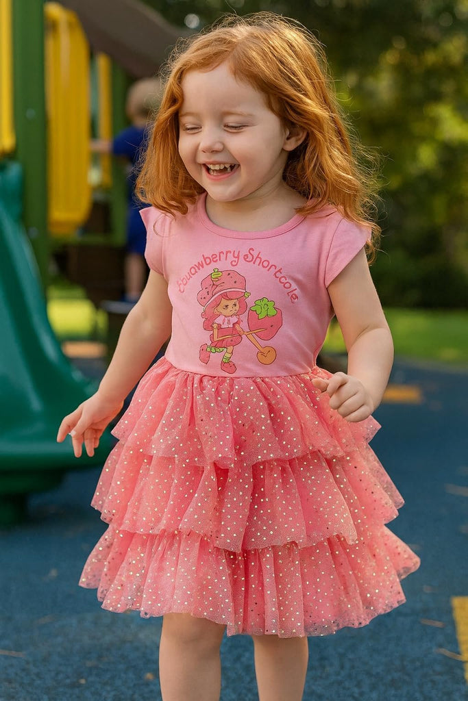 Happy Threads Strawberry Shortcake Girls’ Tutu Cosplay Dress – Short Sleeve Costume Outfit with Sparkly Tulle Skirt – Kids Party Dress-Up