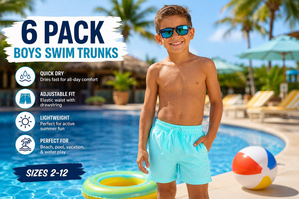 Ice Athletics Boys 6-Pack Swim Trunks | Quick Dry Bathing Suits | Elastic Waist with Drawstring | Sizes 2-12