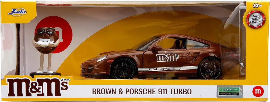 M&M's 1:24 Porsche 911 Turbo Die-Cast Car & 2.75" Brown Figure, Toys for Kids and Adults