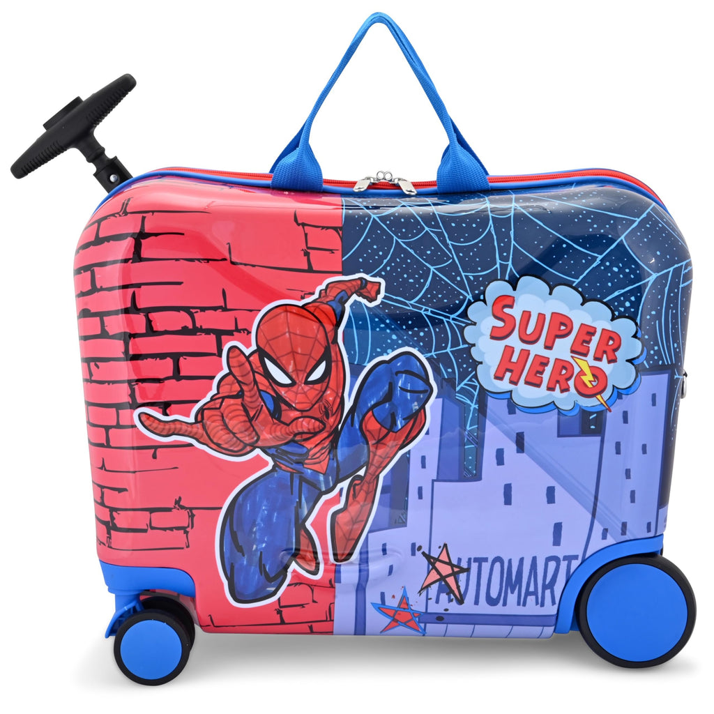 Fast Forward Marvel Spiderman Ride-On Kids Suitcase - 18" Tow-Along Toddler Luggage - Carry-On Cute Bag with Wheels 18"x10"x14.5"