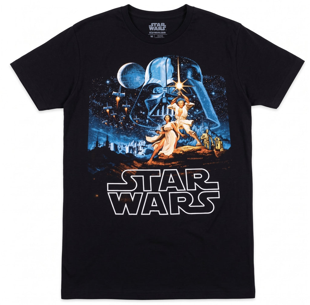Star Wars Men's Short Sleeve T-Shirt – Original 1977 Movie Poster Tee – Black