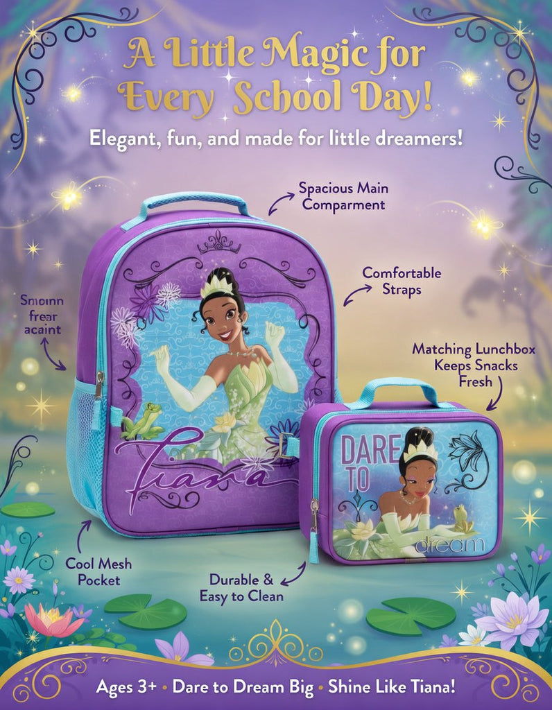 Fast Forward Tiana 16" Backpacks With Lunch Bag - Licensed Characters Kids Schoolbag