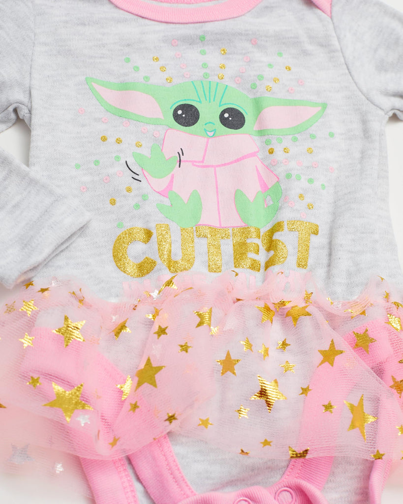 STAR WARS Baby Yoda Newborn Baby Girl Long Sleeve Bodysuit with Tutu and Headband (Grey/Pink/Green, 0-3 Months)