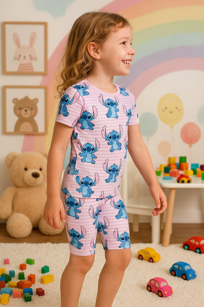 Disney Stitch Girls’ 2pc Pajama Set – Striped Short Sleeve Top & Shorts – Soft Sleepwear – Sizes 4–10