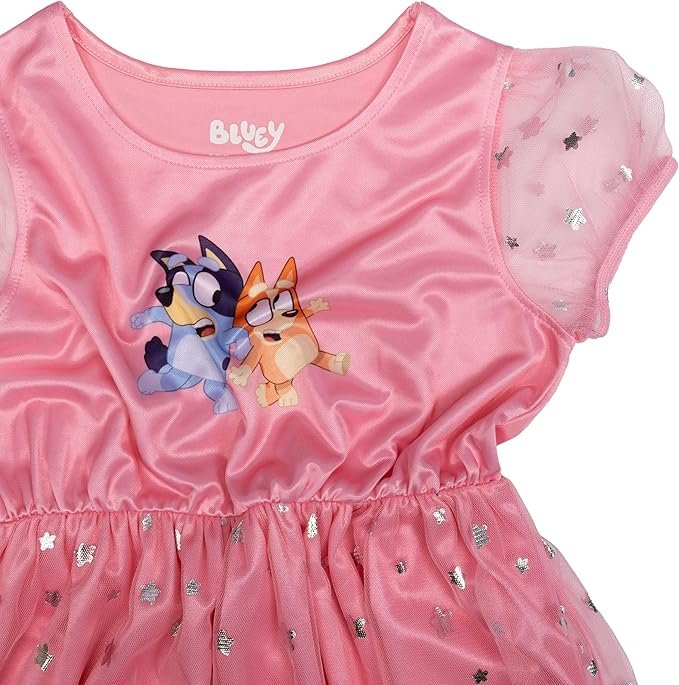 Bluey Girls’ Nightgown – Pink Short Sleeve Sleep Dress Featuring Bluey, Bingo & Friends – Sizes 2T, 3T, 4T