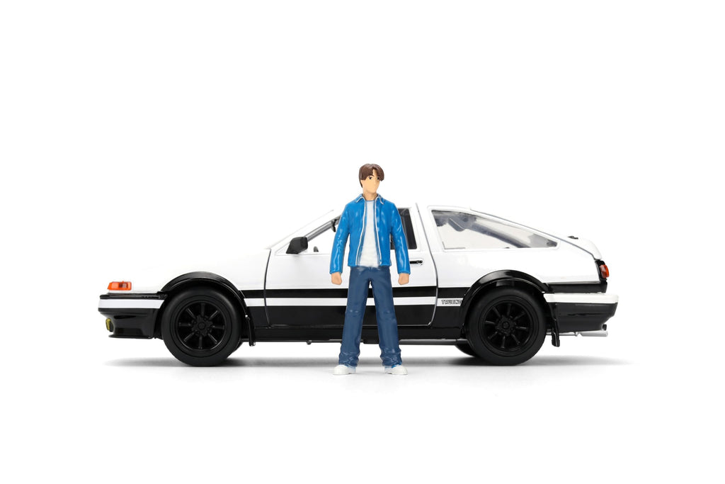 Jada Initial D 1986 Toyota Trueno - Includes Takumi Fujiwara Metal Figure - Hollywood Rides Die-cast Car with Opening Doors, 1:24 Scale, Ages 8+, Collectible Toy for Kids and Adults
