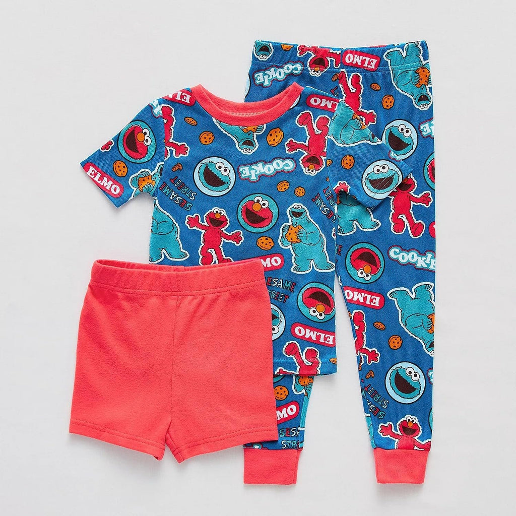 Centric Brands Sesame Street Boys' 3-Piece Pajama Set, Elmo & Cookie Monster Short Sleeve Shirt, Shorts & Pants, Sizes 4-10