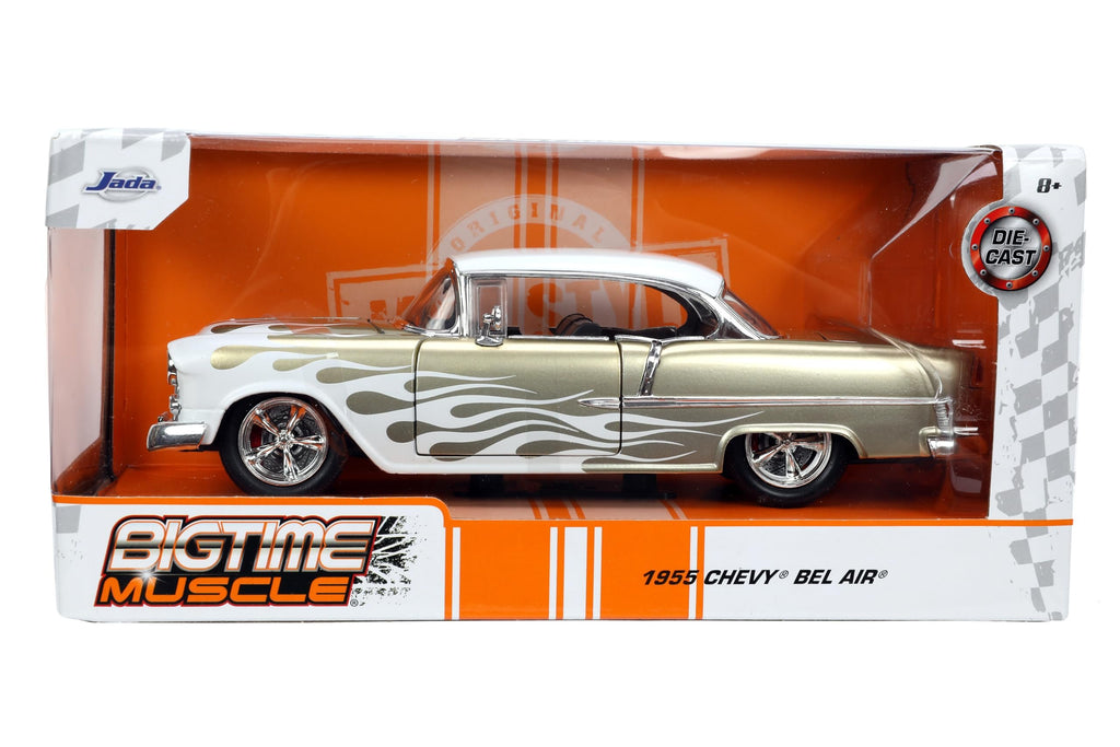 Big Time Muscle 1:24 1955 Chevy Bel Air Die-Cast Car, Toys for Kids and Adults(White/Gold Flames)