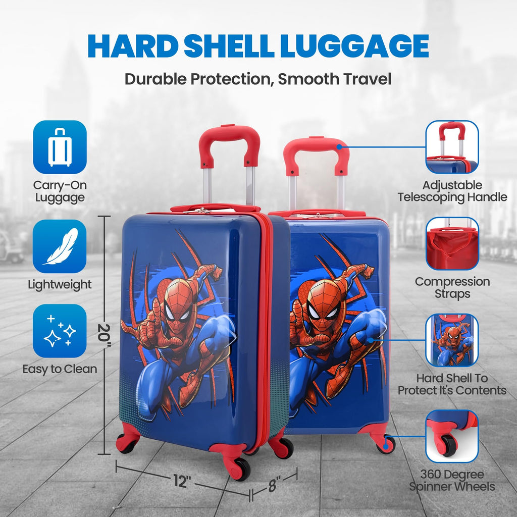 Spider-Man 20" Hardshell Luggage – Cute Durable Suitcase for Travel with Spinner Wheels. Approximate Dimensions are 20"x12"x8"
