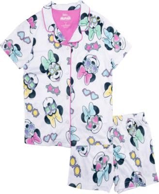 Centric Brands Minnie Mouse Girls’ 2pc Pajama Set – Button-Down Collared Top & Shorts Featuring Minnie in Sunglasses – 2T–4T