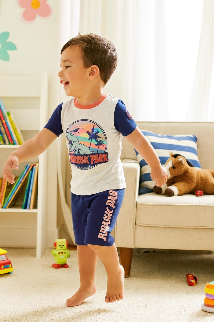 Happy Threads Jurassic Park Boys’ 2-Piece Outfit Set – Short Sleeve Shirt & Matching Shorts – Dinosaur Clothing for Kids
