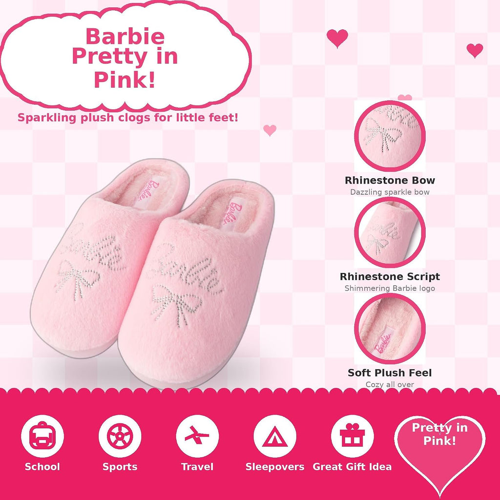 Handcraft Barbie Girls Plush Plaid Clog Slippers with Rhinestone Logo, Pink Candy, 4-5 Big Kid