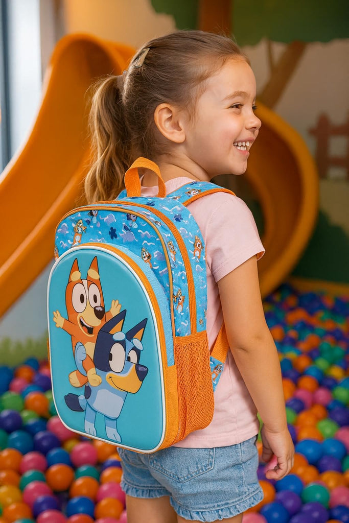Fast Forward Bluey & Bingo 16" Backpack with 3D Character Print & Bluey Keychain – Kids School Bag with Front Pocket & Mesh Side Pockets
