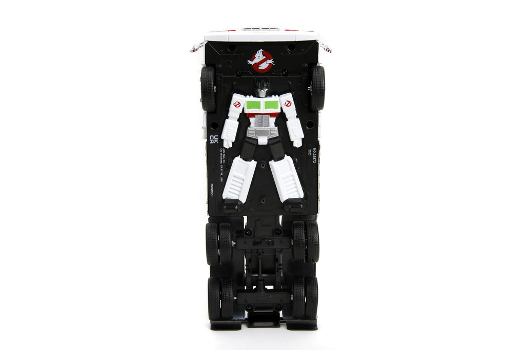Jada Transformers G1 Optimus Prime Big Rig with Ghostbusters Ecto-1 Graphics - Die-Cast Vehicle - 1:24 Scale, Opening Doors, Hood & Trunk, Rubber Tires - Ages 8+ - White/Green
