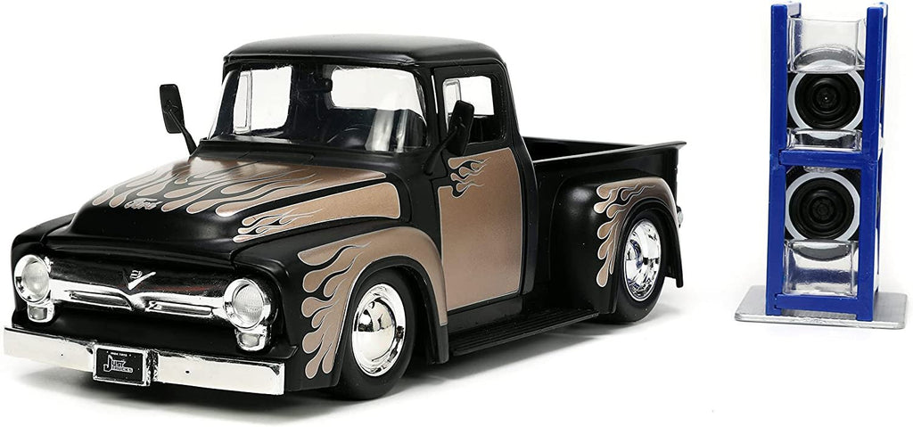 Jada Toys Just Trucks 1:24 1956 Ford F-100 Die-cast Car Black/Brown with Tire Rack, Toys for Kids and Adults