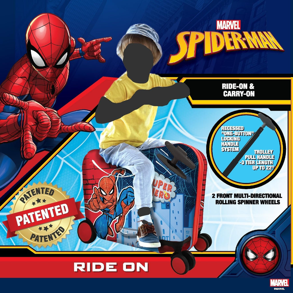 Fast Forward Marvel Spiderman Ride-On Kids Suitcase - 18" Tow-Along Toddler Luggage - Carry-On Cute Bag with Wheels 18"x10"x14.5"
