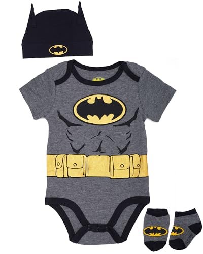 DC Comics Batman Baby Clothes 3-Piece Set with Bodysuit, Baby Hat, and Baby Socks - Batman Baby Gift Set (Black/Yellow, 6-9M)