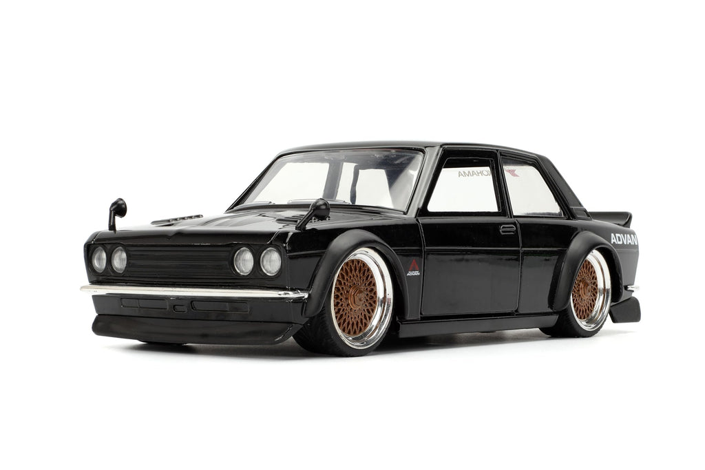 Jada Toys JDM Tuners 1:24 Scale Die-Cast 1973 Datsun 510 – Opening Doors, Detailed Interior, Rubber Tires, Collectible for Ages 8+(Gloss Black)