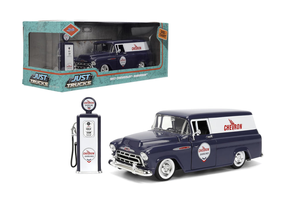 Jada Toys Just Trucks 1:24 1957 Chevy Suburban Chevron Die-cast Car & Gas Pump – Opening Doors, Hood, Trunk, Rubber Tires(Purple)