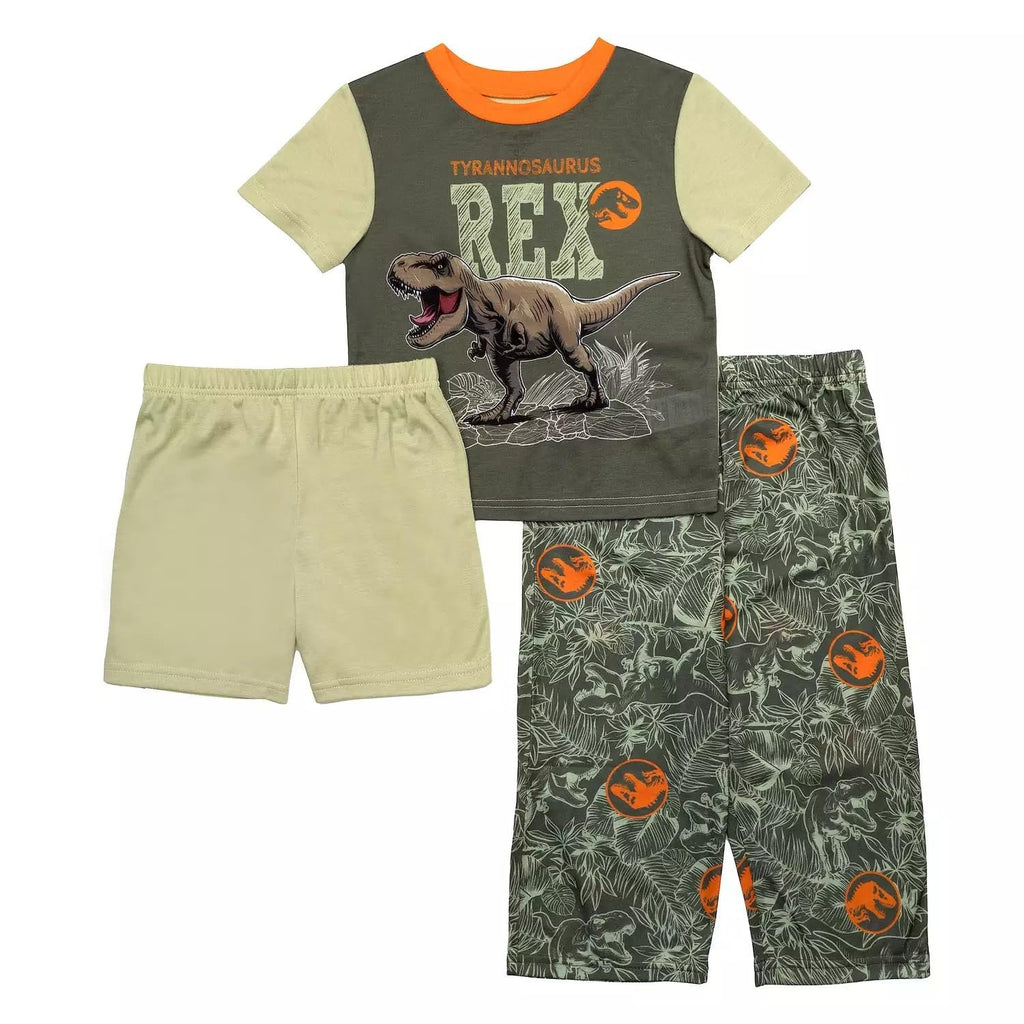 Centric Brands Jurassic World Boys' 3-Piece Pajama Set, Polyester, T-Rex Short Sleeve Shirt, Shorts & Pants, Toddler Sizes