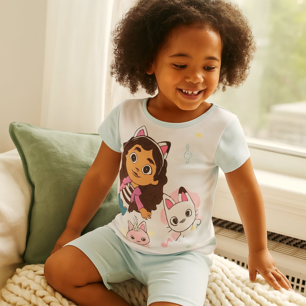 Gabby’s Dollhouse Girls’ 4-Piece Pajama Set – Musical Gabby Theme with Cats – 2 Tops & 2 Shorts – Sizes 4-8