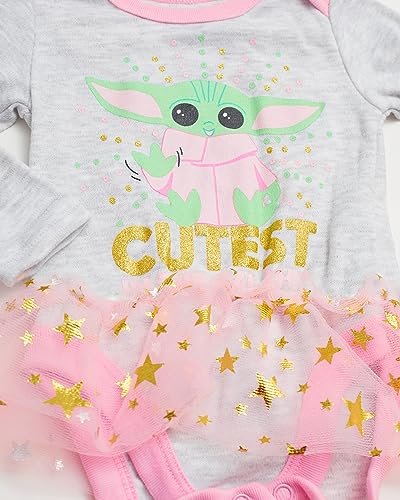 STAR WARS Baby Yoda Newborn Baby Girl Long Sleeve Bodysuit with Tutu and Headband (Grey/Pink/Green, 0-3 Months)