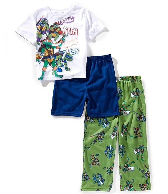 Centric Brands Teenage Mutant Ninja Turtles Boys' 3-Piece Pajama Set, Polyester, Short Sleeve Shirt, Shorts & Pants, Leo, Raph, Mikey, Donnie, Sizes 4-10