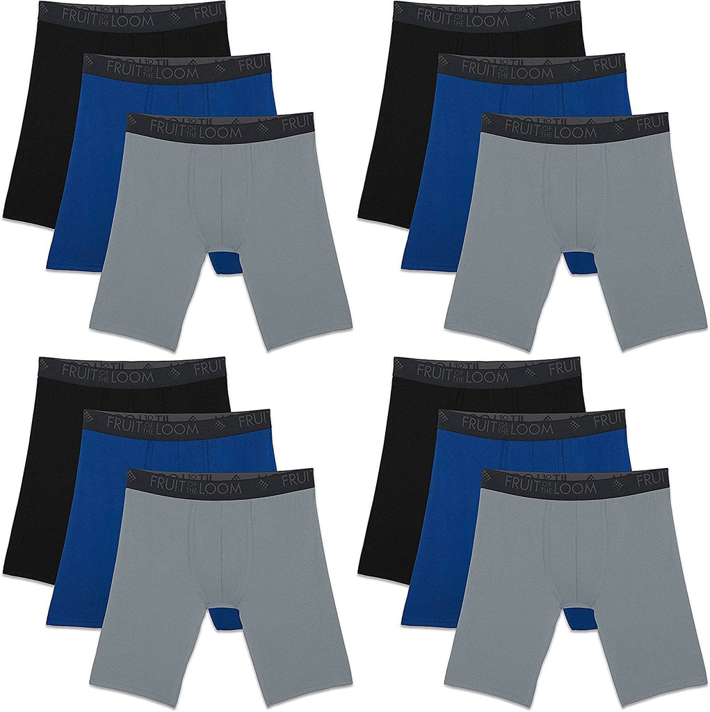Crafted Comfort Stretch- Exposed Waistband- Black Heather Fruit of the Loom Men's Cotton Performance Boxer Briefs (12 Pack)