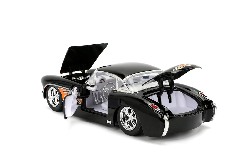 Jada Toys Bigtime Muscle 1:24 1957 Chevy Corvette Die-cast Car – Opening Doors, Hood, Trunk, Rubber Tires(Glossy Black Flames)