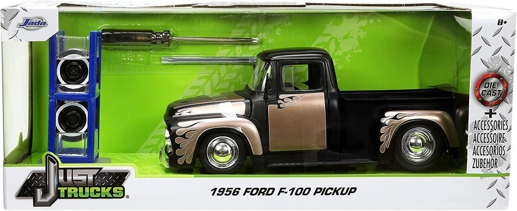 Jada Toys Just Trucks 1:24 1956 Ford F-100 Die-cast Car Black/Brown with Tire Rack, Toys for Kids and Adults