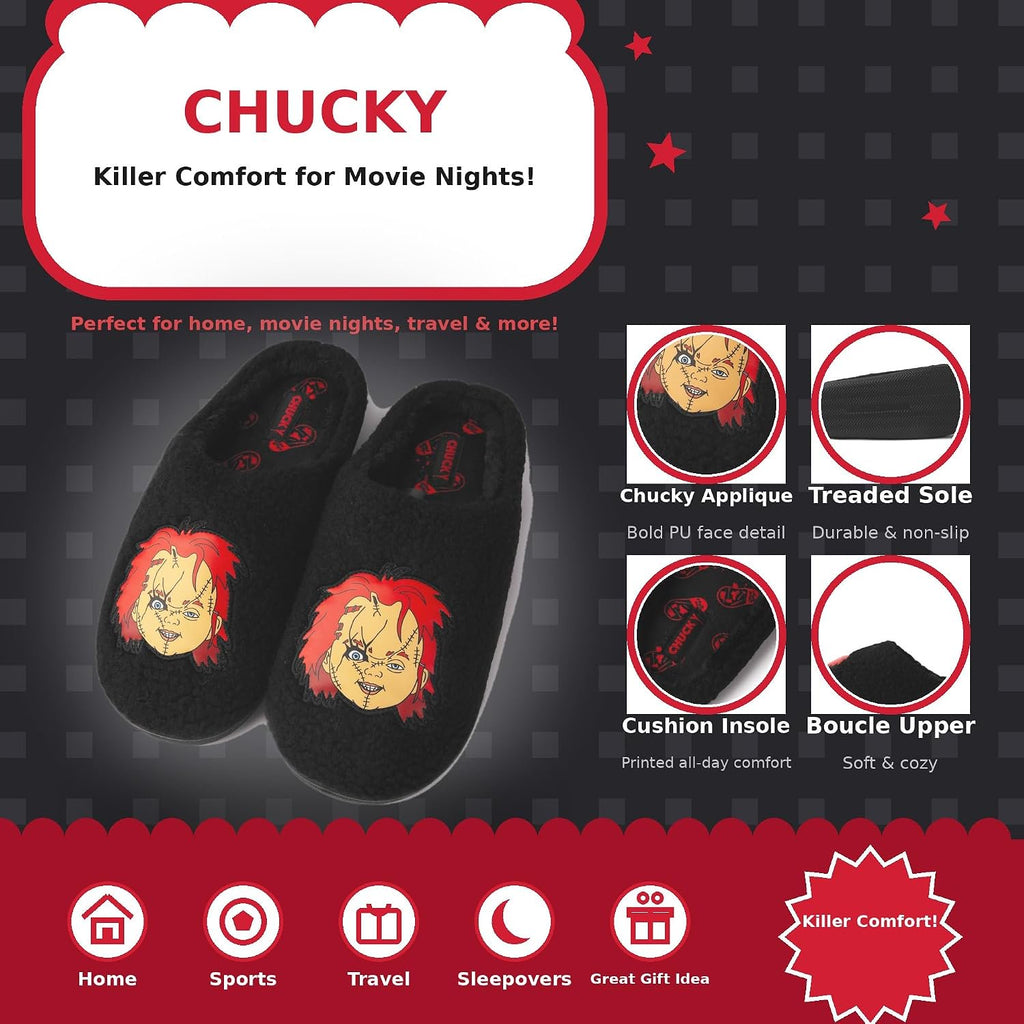 Handcraft Chucky Men's Boucle Clog Slippers with Chucky Face Applique, Black, Small