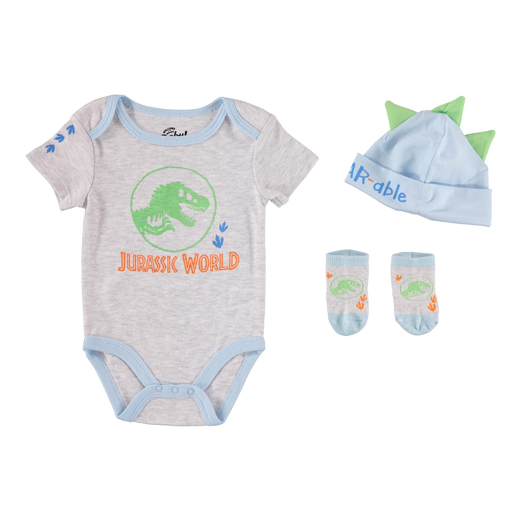 Jurassic World Welcome to the Universe Baby Baby Boys Clothes 3-Piece Set with Bodysuit, Socks, and Hat (3-6M)