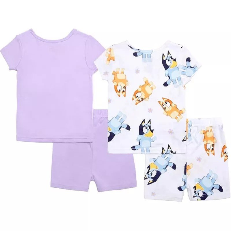 Bluey 4-Piece Girls Pajama Set with 2 Short Sleeve Tops & 2 Shorts Featuring Bluey & Bingo – Toddler Sizes 2T–4T
