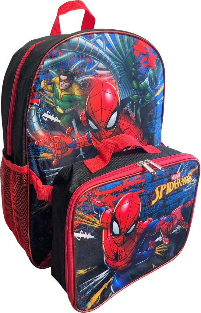 Spiderman Boys 16 Inch Backpack With Removable Matching Lunch Box Set (Black-Red)