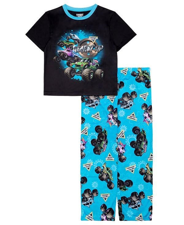 Centric Brands Monster Jam Boys 2-Piece Pajama Set, Viscose Spandex, Crew Neck Short Sleeve Shirt & Pants, Trucks, Sizes 6-12