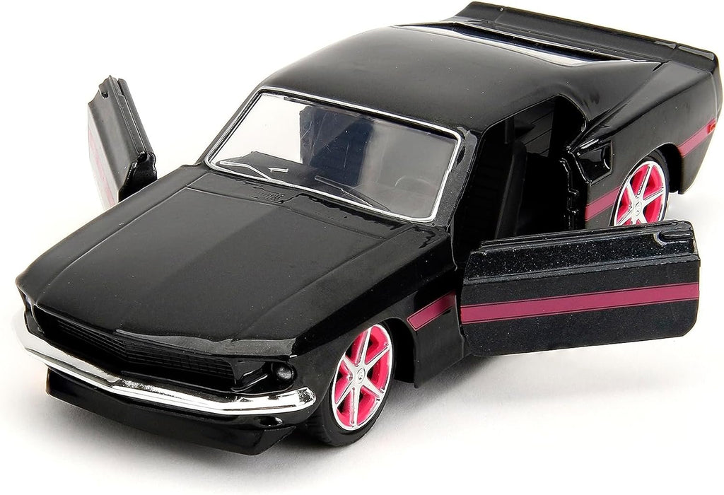 Pink Slips 1:32 W2 1969 Ford Mustang Die-Cast Car, Toys for Kids and Adults (Black/Pink Stripes)