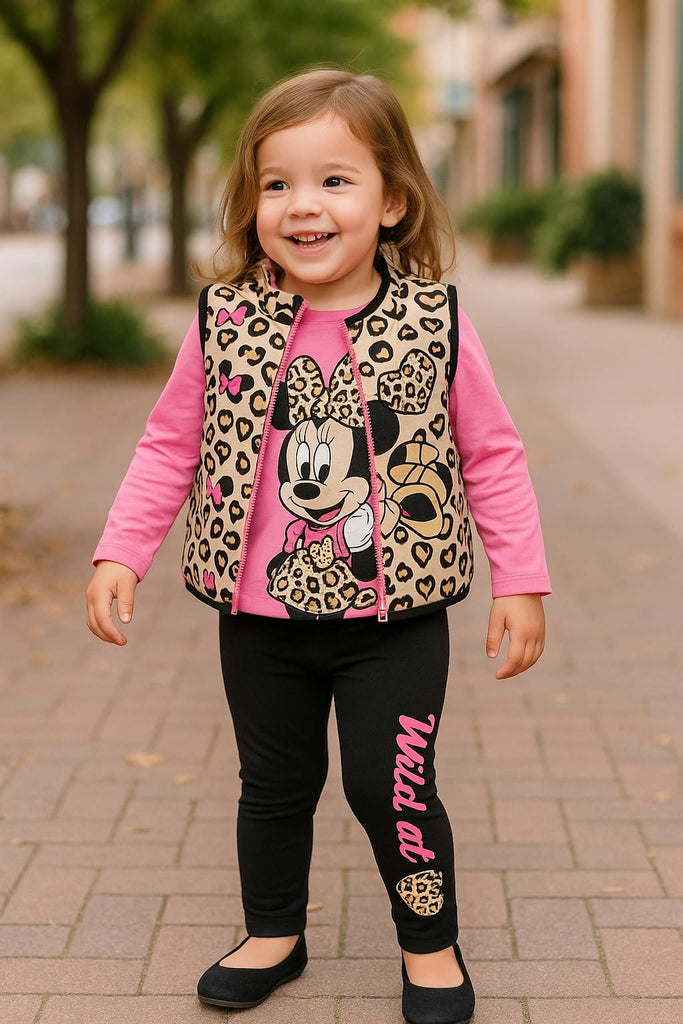 Disney Minnie Mouse Girls’ 3-Piece Outfit Set – Leopard Print Vest, Long Sleeve Top & Leggings – Toddler & Kids Clothing
