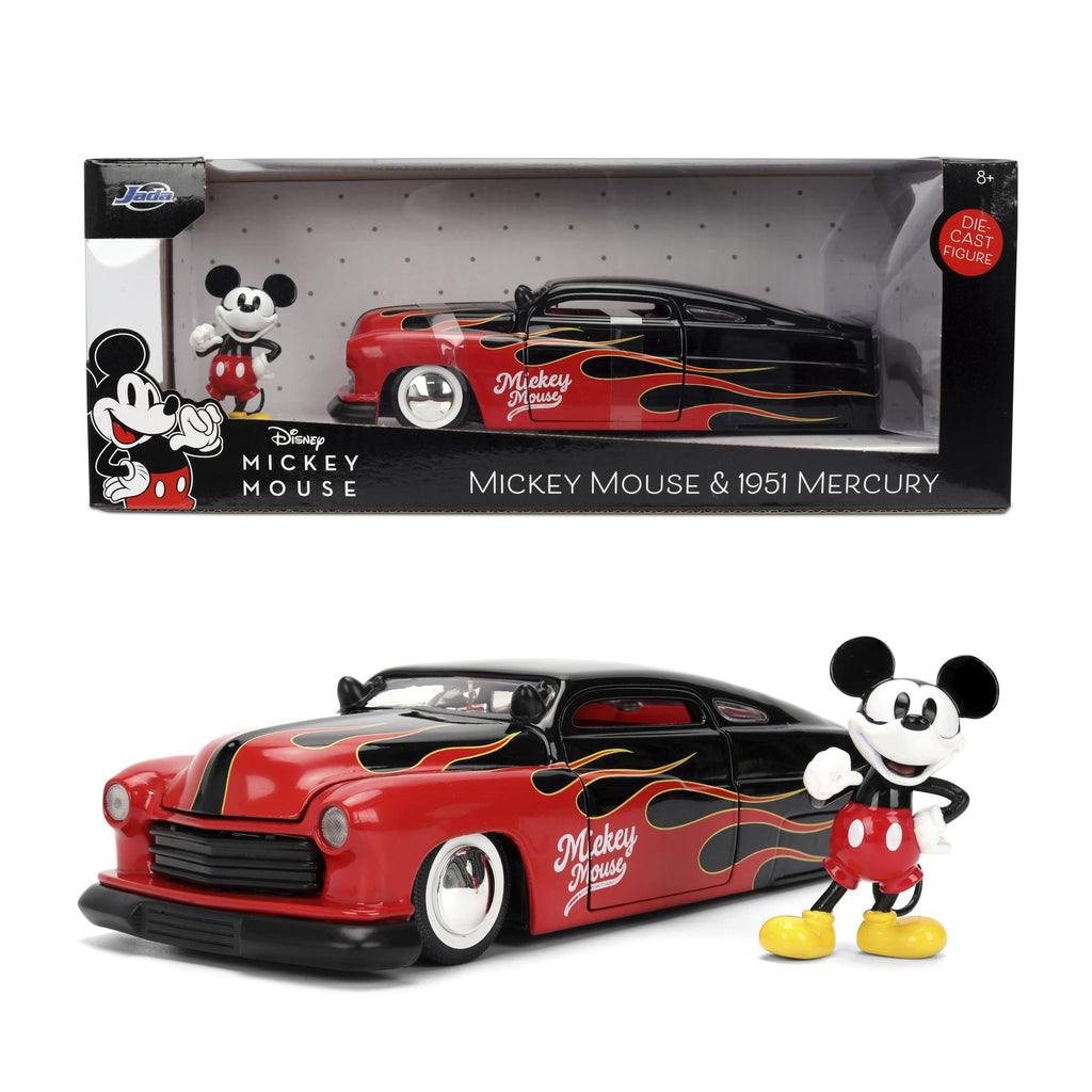 Jada Disney Vintage Mickey – 1951 Mercury – Hollywood Rides Die-Cast Car Toys – Flame Design –Mickey Figure – Collector's Edition – Age 8+ – Red/Black