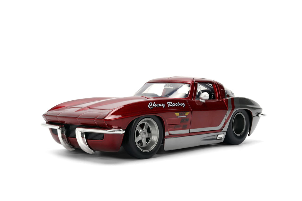 Jada Toys Bigtime Muscle 1:24 1963 Chevy Corvette Die-cast Car – Opening Doors, Hood, Trunk, Rubber Tires(Candy Red/Grey)