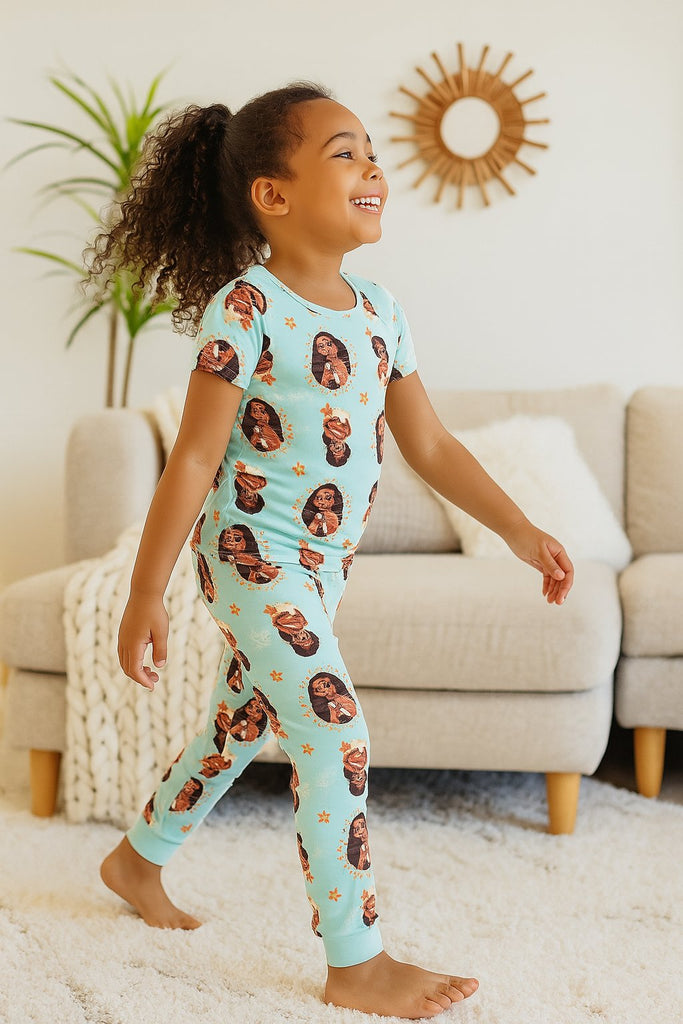 Girls’ Moana & Simea 4pc Pajama Set – 100% Cotton Short Sleeve Tops, Shorts & Pants – Sizes 4, 6, 8, 10
