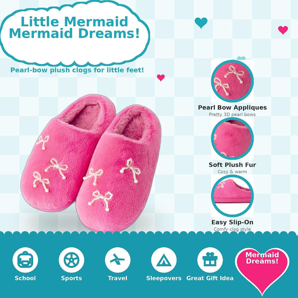 Handcraft Luna Mellow Girls Plush Clog Slippers with Pearl Bows, Pink, 5-6 Big Kid