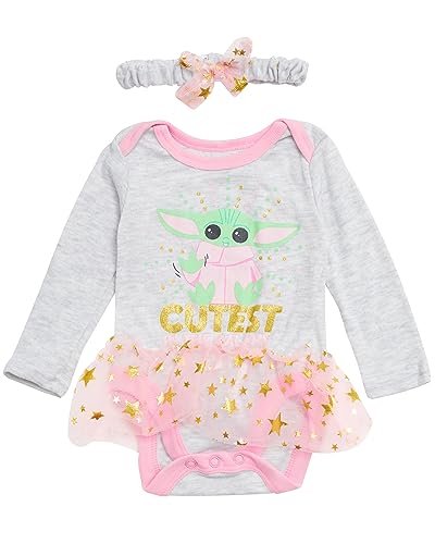 STAR WARS Baby Yoda Newborn Baby Girl Long Sleeve Bodysuit with Tutu and Headband (Grey/Pink/Green, 0-3 Months)